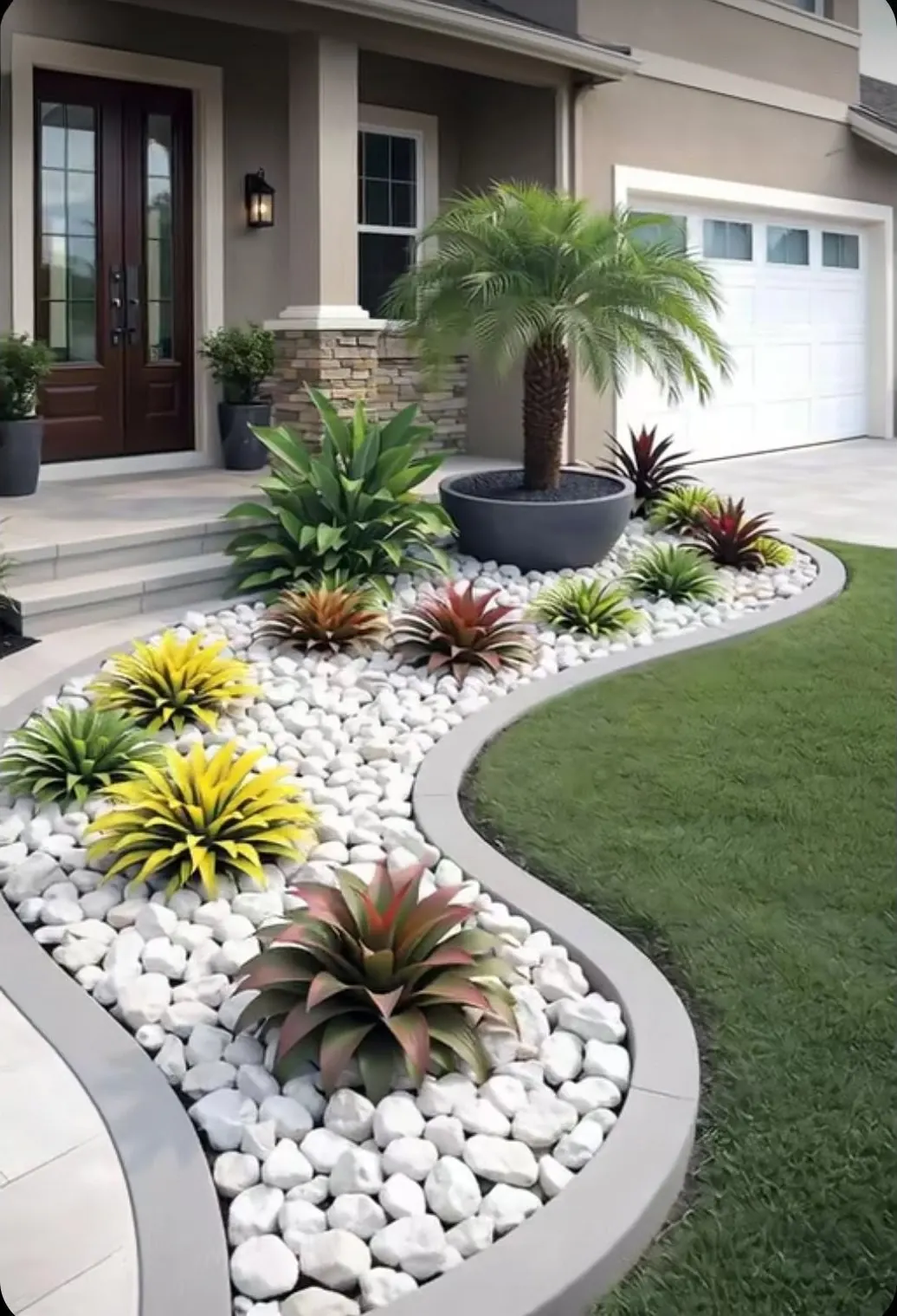 Front entry planter with palm and bromeliads in a white river-rock bed