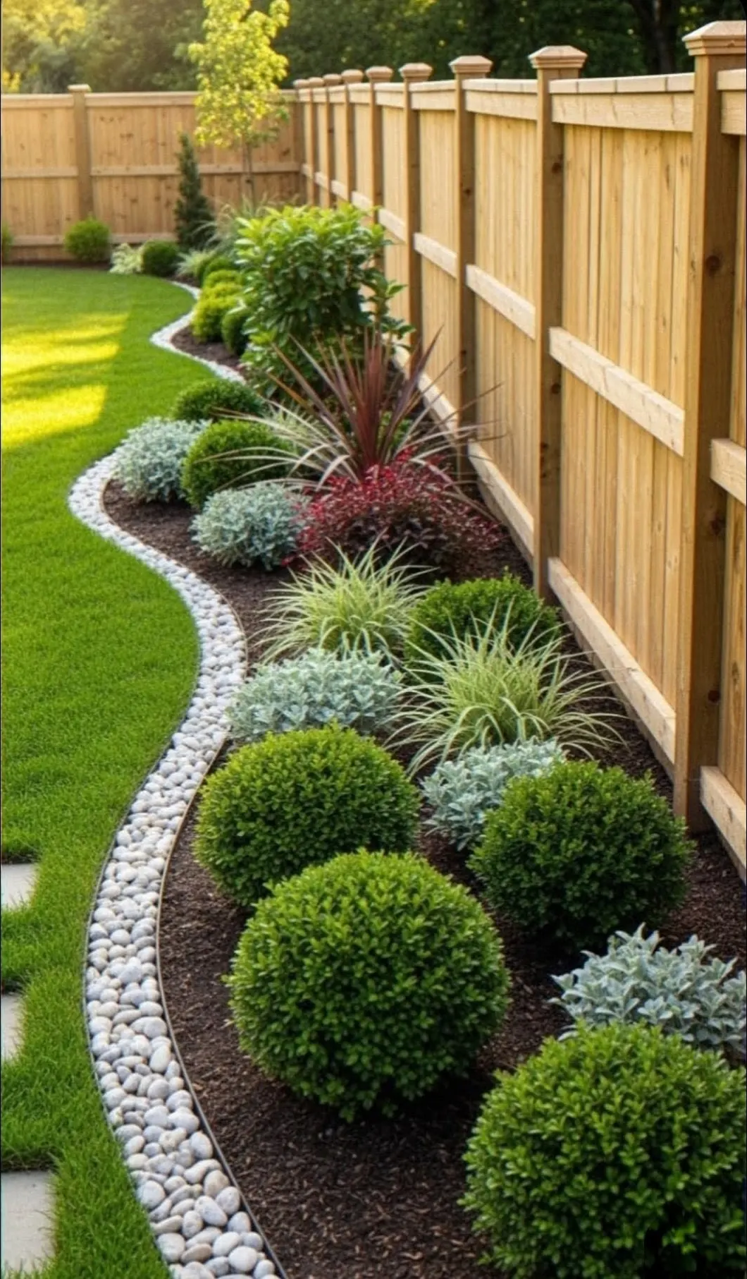 Curved garden bed with topiary boxwoods, ornamental grasses, and white river-rock edging along a wood fence
