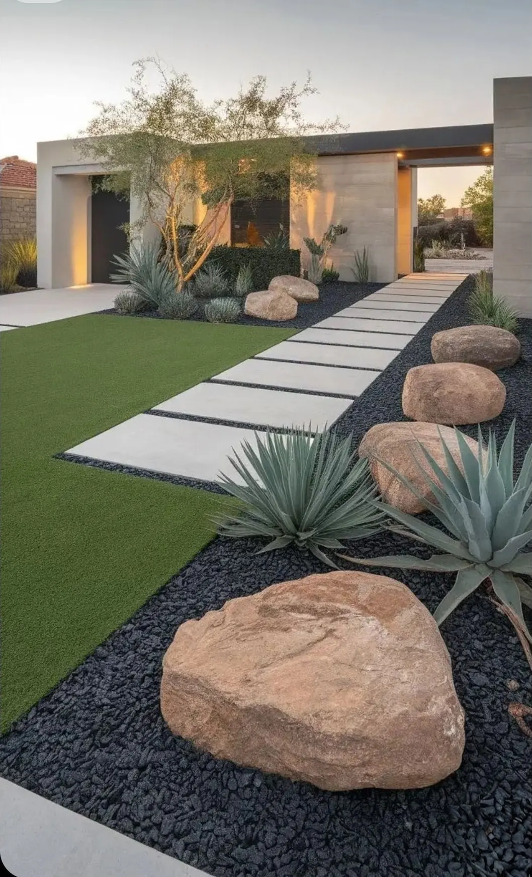 Modern concrete-paver walkway with boulder accents and agave plantings on black gravel